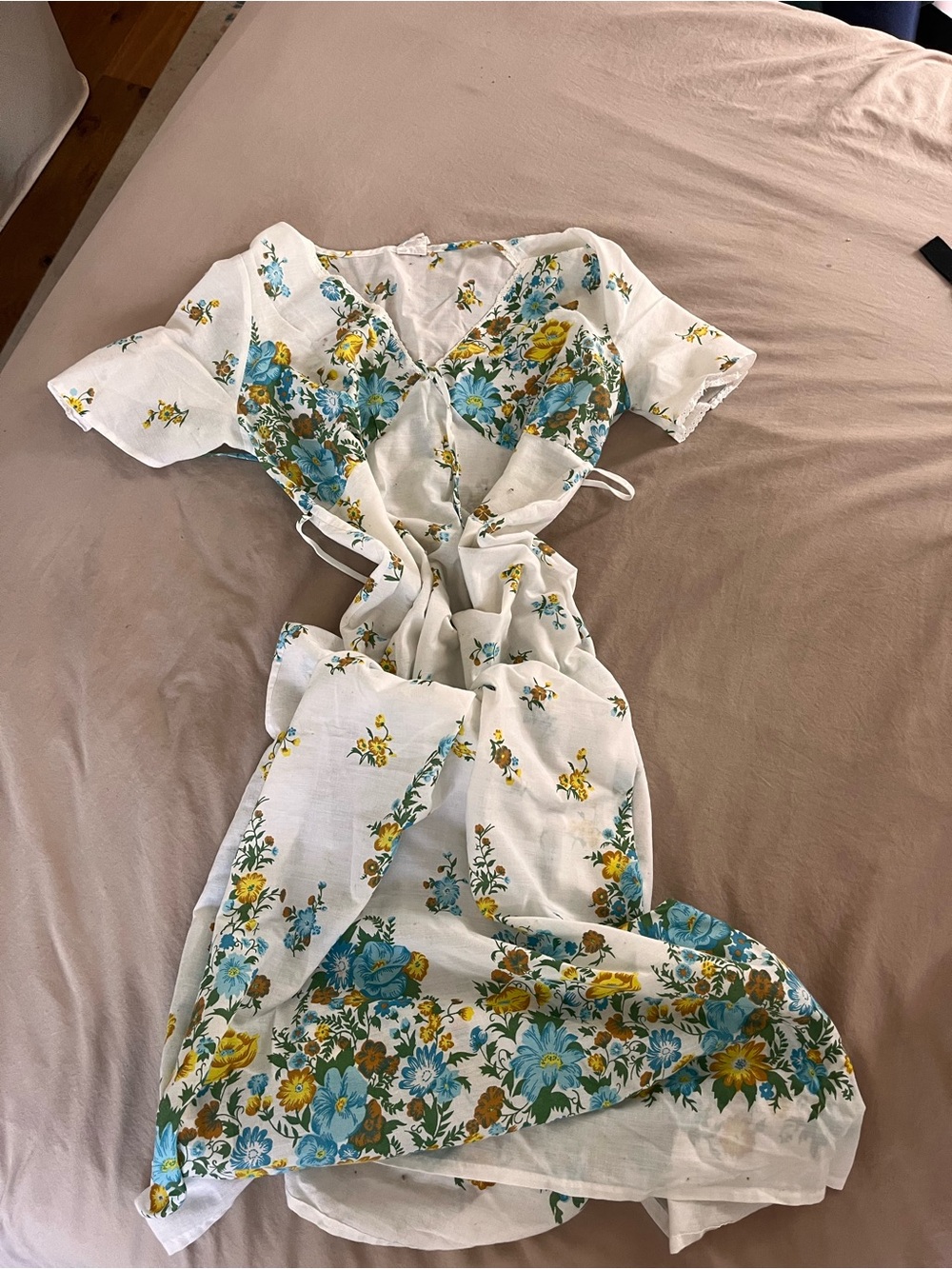 True vintage Scandinavian White Floral maxi Dress with Blue and Yellow Blooms